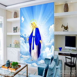 Tranh công giáo in uv đức mẹ Maria bên bồ câu trắng