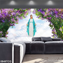 Tranh công giáo đức mẹ Maria bên hoa oải hương tím