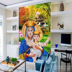 Tranh công giáo 3d đức mẹ Maria và hài nhi bên cong thác