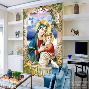 Tranh công giáo đức mẹ Maria bên hài nhi và bồ câu trắng