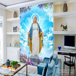 Tranh công giáo đức mẹ Maria trên bầu trời trong xanh