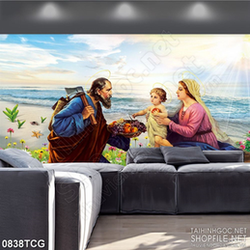 Tranh công giáo in uv gia đình thánh gia bên bờ biển