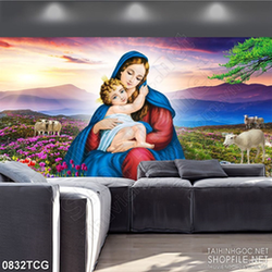 Tranh công giáo đức mẹ Maria bên hài nhi bé nhỏ 3d