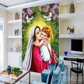 Tranh công giáo đức mẹ Maria bên hài nhi nhỏ in canvas