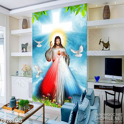 Tranh công giáo trái tim đỏ của chúa và đàn bồ câu trắng