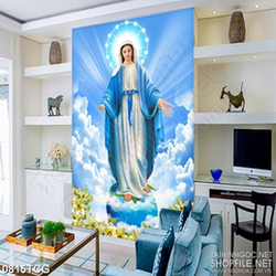 Tranh công giáo đức mẹ bên rừng hoa ly khoe sắc