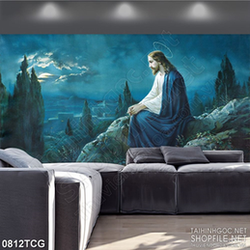 Tranh công giáo 3d chúa Jesus ngồi trong đêm trăng