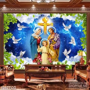 Tranh công giáo gia đình thánh gia cầu nguyện cùng bồ câu