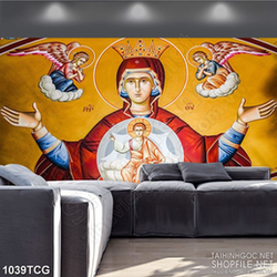 Tranh công giáo 3d đức mẹ Maria bên những thiên thần