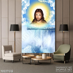 Tranh công giáo chúa Giêsu hiện hữu bên dòng thác lớn