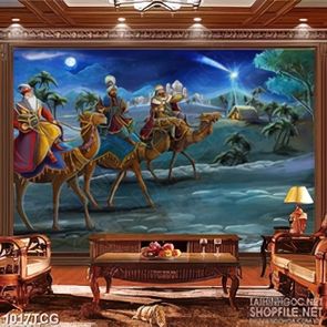 Tranh công giáo thánh đồ cưỡi lạc đà trên sa mạc về đêm