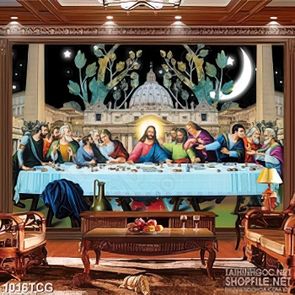 Tranh công giáo thánh lễ dưới đêm trăng khuyết treo tường