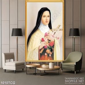 Tranh công giáo đức mẹ Maria và cây thánh giá trên tay 3d