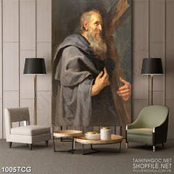 Tranh công giáo vị linh mục bên cây thánh giá dán tường