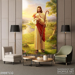 Tranh công giáo chú cừu non nằm trong lòng của chúa Jesus