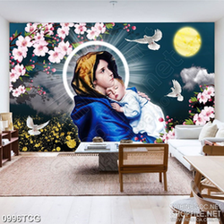 Tranh công giáo mẹ Marria bế babby nhỏ bé dưới trăng vàng