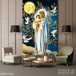 Tranh công giáo mẹ Marria bế babby nhỏ bé bên ánh trăng