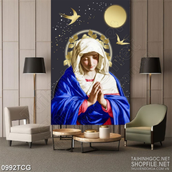 Tranh công giáo 3d đức mẹ Maria cầu nguyện bên ánh trăng