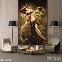 Tranh công giáo nữ thần nằm trên dòng suối mát dán tường