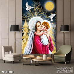 Tranh công giáo mẹ Maria hôn hài nhi bé nhỏ bên bồ câu