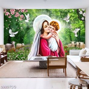 Tranh công giáo mẹ Maria hôn hài nhi bé nhỏ bên đàn cừu