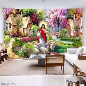 Tranh công giáo đức chúa Giêsu bên đàn cừu non dán tường