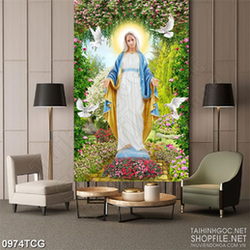 Tranh công giáo 3d đức mẹ Maria bên vườn hoa hồng thắm
