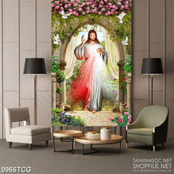 Tranh công giáo chúa Giêsu và bồ câu trắng bên hoa hồng