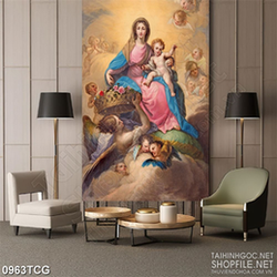 Tranh công giáo 3d đức mẹ Maria bên những hài nhi bé nhỏ