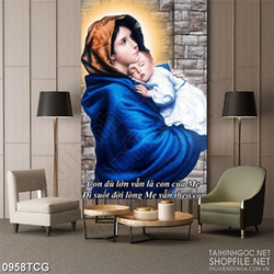 Tranh công giáo 3d mẹ Maria bế hài nhi mắt nhìn xa xăm