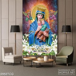 Tranh công giáo psd mẹ Maria bế babby bé nhỏ bên hoa ly