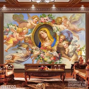 Tranh công giáo 3d đức mẹ ban phước lành cho thiên thần