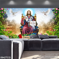 Tranh công giáo chúa Jesus bên vườn hoa hồng in uv