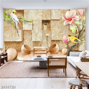 Tranh 3d dán tường chú vẹt trắng đậu trên cành cây xanh lá