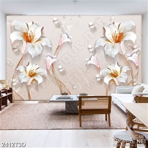 Tranh 3d treo tường bông hoa ly trắng bên viên ngọc trai