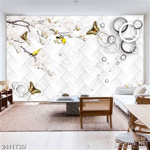 Tranh 3d  trang trí cành hoa đào nở rộ bên đàn bướm xinh