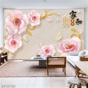 Tranh 3d dán tường bông hoa hồng phấn thân dáp vàng