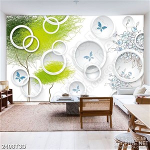 Tranh 3d treo tường đàn bướm xanh bên những tán lá xanh