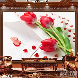 Tranh 3d  trang trí cành hoa tulip màu đỏ bên hình trái tim