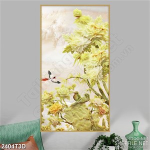Tranh 3d treo tường chú chim ri bên rừng hoa mẫu đơn