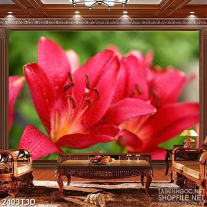 Tranh 3d  trang trí bông hoa ly màu đỏ khoe sắc giữa trời