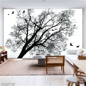 Tranh 3d dán tường tán cây cổ thụ bên đàn chim bay lượm