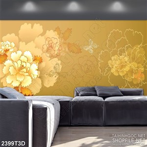 Tranh 3d  trang trí những bông hoa mẫu đơn bên chú bướm