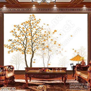 Tranh 3d nghệ thuật đàn chim hót vang trong khu rừng vàng