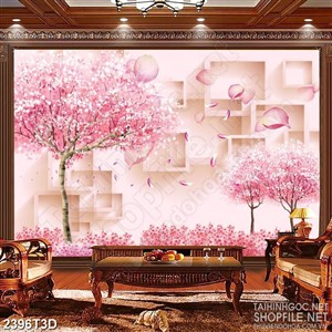 Tranh 3d treo tường khu rừng anh đào phủ đầy cánh hoa