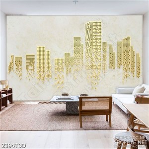 Tranh 3d dán tường tòa nhà cao tầng ghép từ ô vuông psd