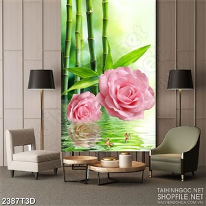 Tranh 3d  trang trí bông hoa hồng phấn trên mặt nước trong