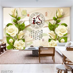 Tranh 3d dán tường cây hoa hồng trắng đọng giọt sương