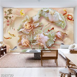 Tranh 3d  trang trí những bông sen trên hồ cá chép vàng