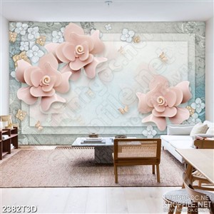 Tranh 3d dán tường bông hoa hồng bên đàn bướm dáp vàng
